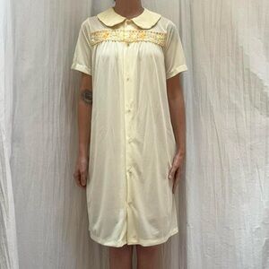 Yellow Vintage 70s Button Down Nightgown with Embroidery and Peter Pan Collar